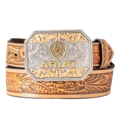 Ariat Men's Floral Tan Embossed Logo Buckle Belt A1042208