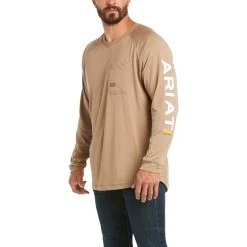 AriatĀ® Men's Rebar Heat Fighter Long Sleeve Khaki T-Shirt 10031030